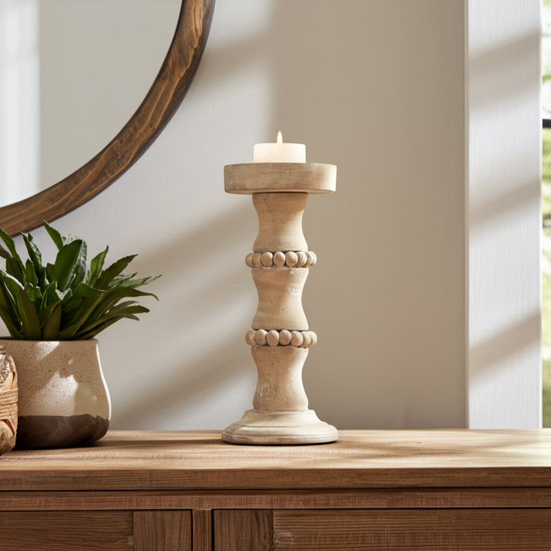 Handmade Rustic Solid Wood Tabletop Candlestick, 13" H x 5" W x 5" D, Ivory/Beige