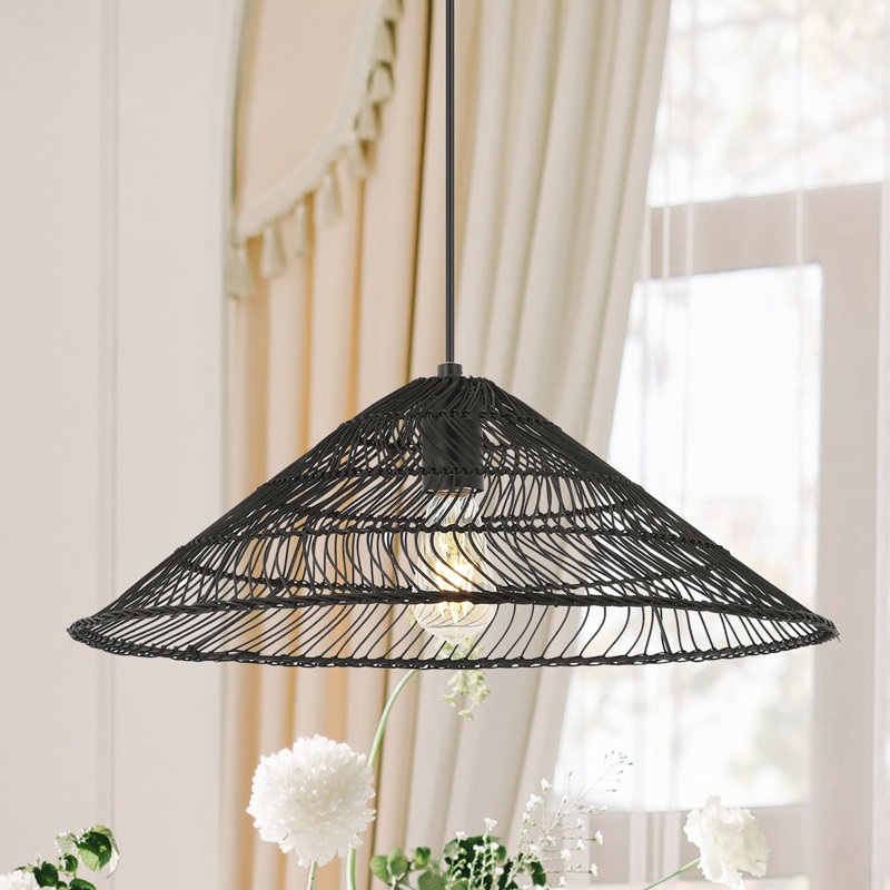 Luminaire suspendu de style bord de mer en rotin à 1 lumière 20,25 po Aisma, Noir, Noir