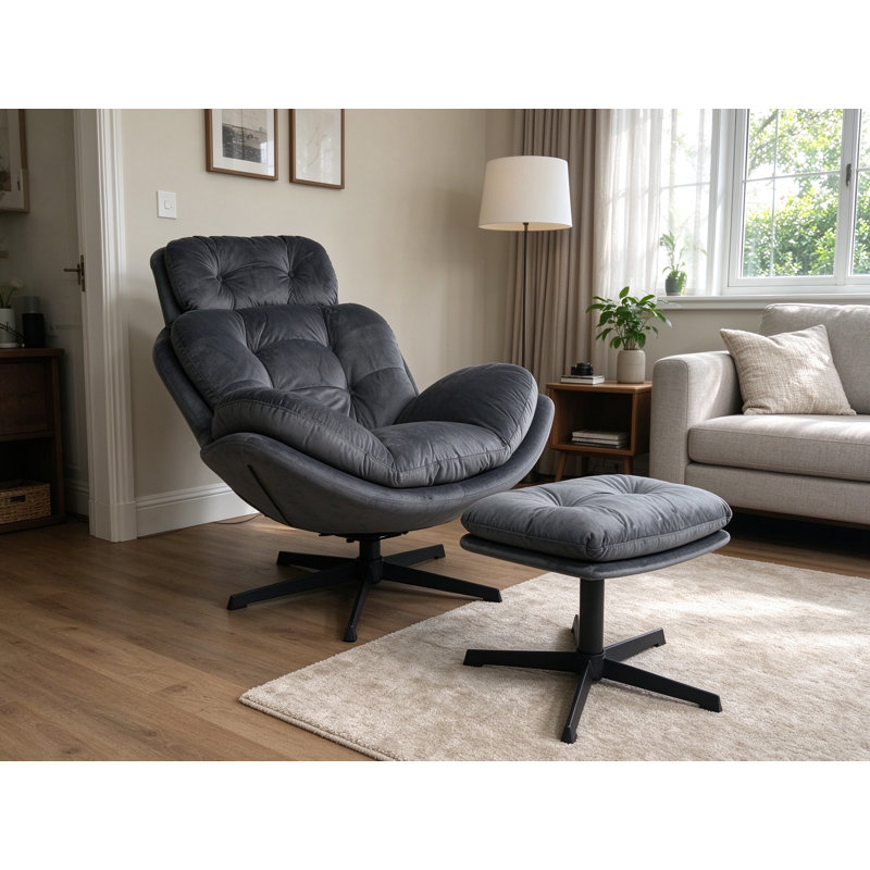 Velvet Lounge Chair With Footstool, Grey Velvet
