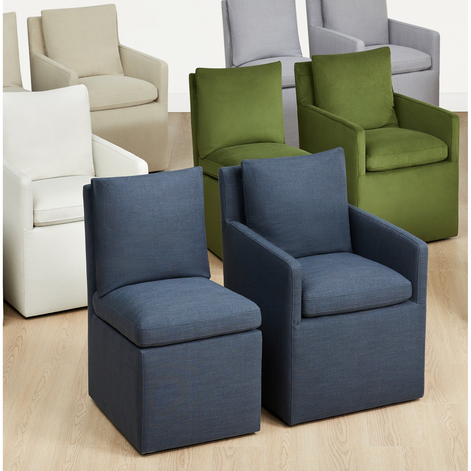 Alayaa Upholstered Side Chair with Casters, Effie Indigo Performance Linen