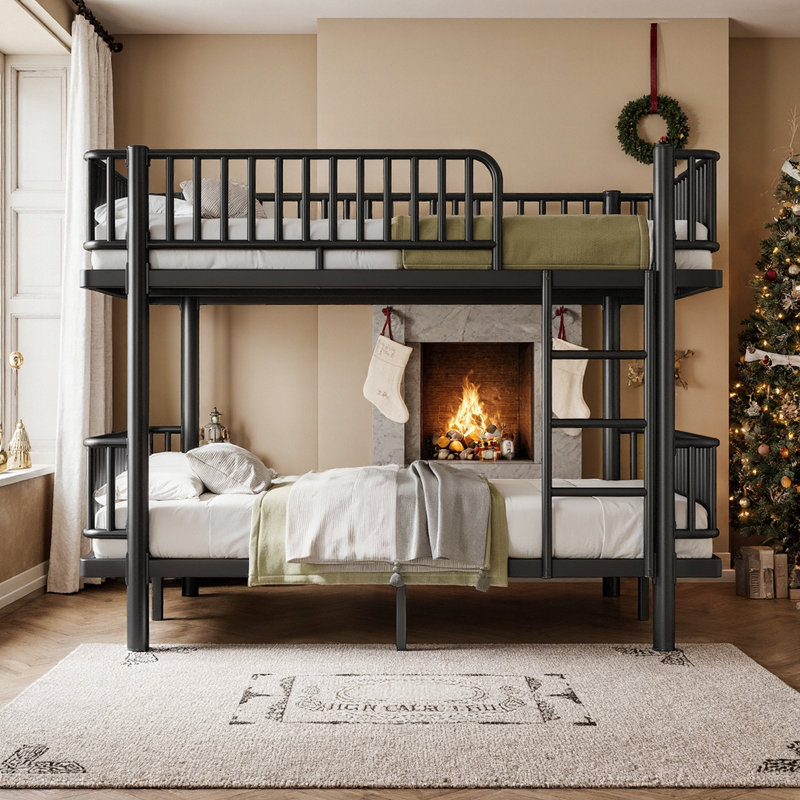 Lit superposé double au-dessus de double avec échelles et garde-corps UnaNidus, convertible en 2 lits plateforme, Noir