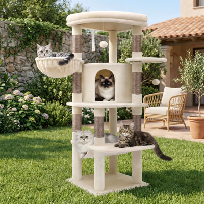 Corner Cat Tree, 51in Curved Series Modern Cat Tower, Hammock, 7 Sisal Scratching Posts, Large Fan-Shaped Platform for Large Cats, Cat Condo, Hanging Basket