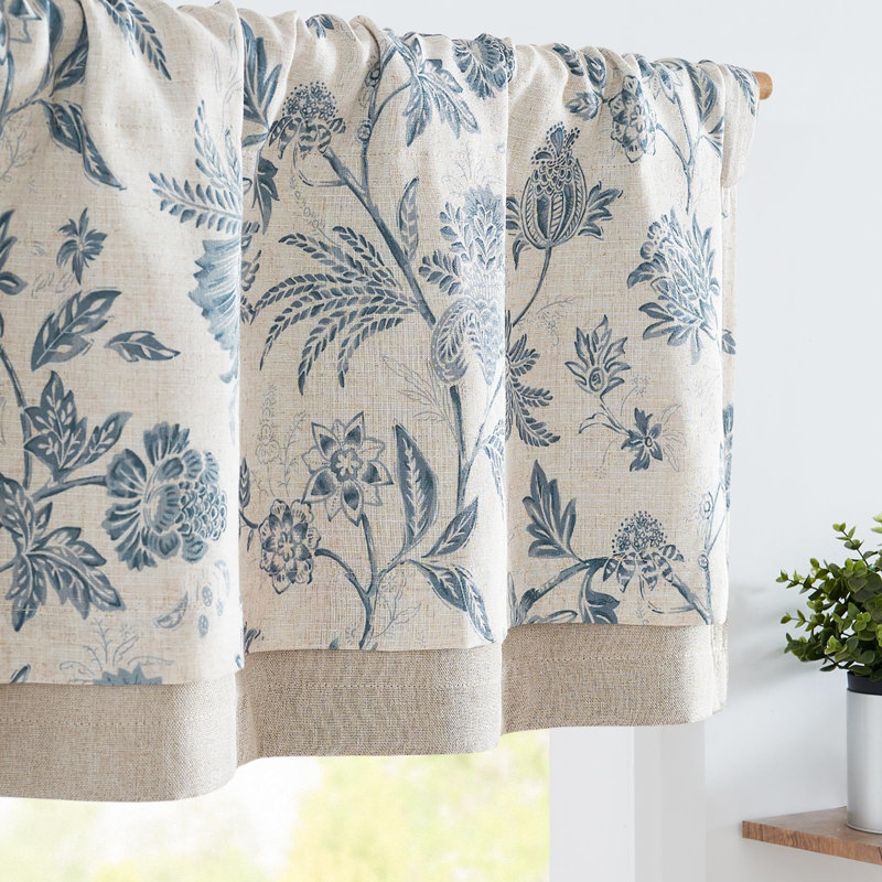 Cantonnière en lin à imprimé floral, Bleu / Beige