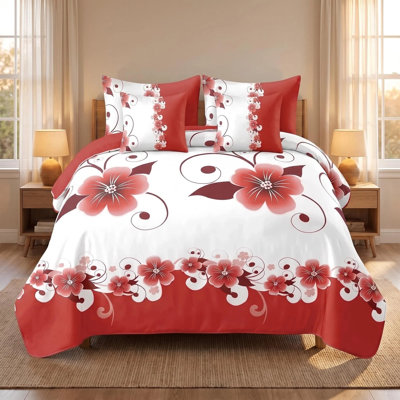 Ensemble de housse de couette 5 pièces à motif floral rouge pour lit California King, avec taies d'oreiller et housses de coussin décoratives