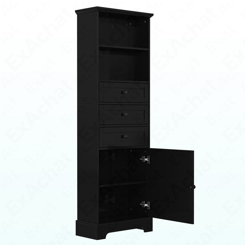 Grande armoire de rangement noire avec 3 tiroirs et tablettes réglables pour salle de bain, bureau, bureau et intérieur, panneau de fibres à densité moyenne avec finition peinte