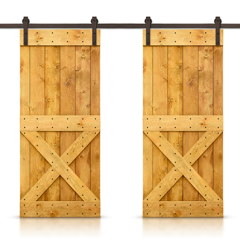 Porte de grange à panneaux et en bois avec quincaillerie d'installation, 56 po x 84 po, Jaune