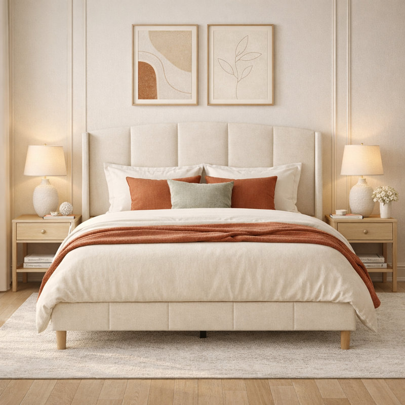Balynda 46.9“ Tall Headboard Linen Upholstered Wingback Platform Bed, Beige, Full / Double