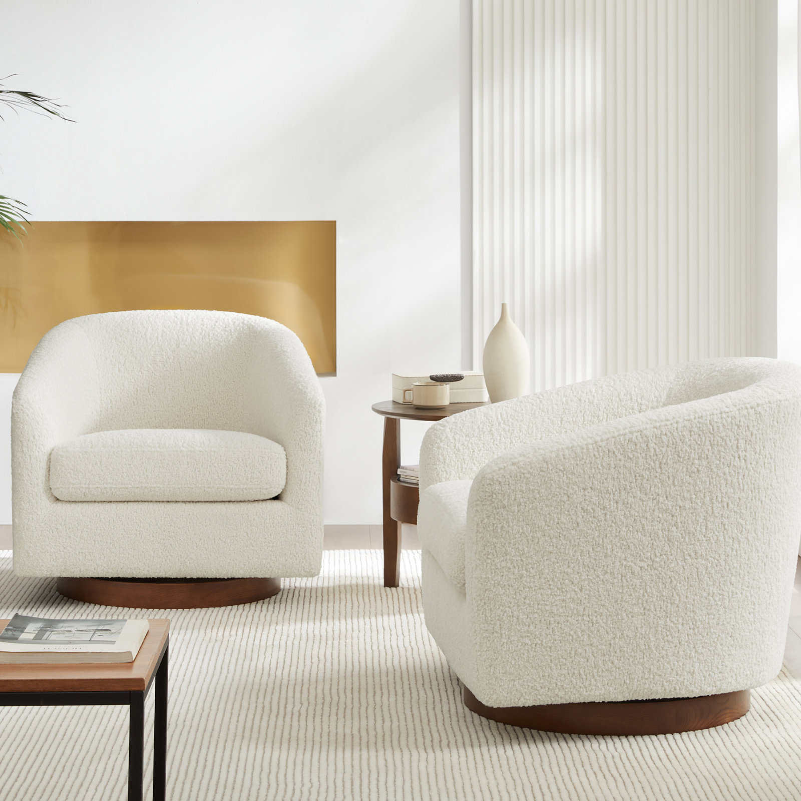 Bennett Linen Swivel Barrel Chair, White