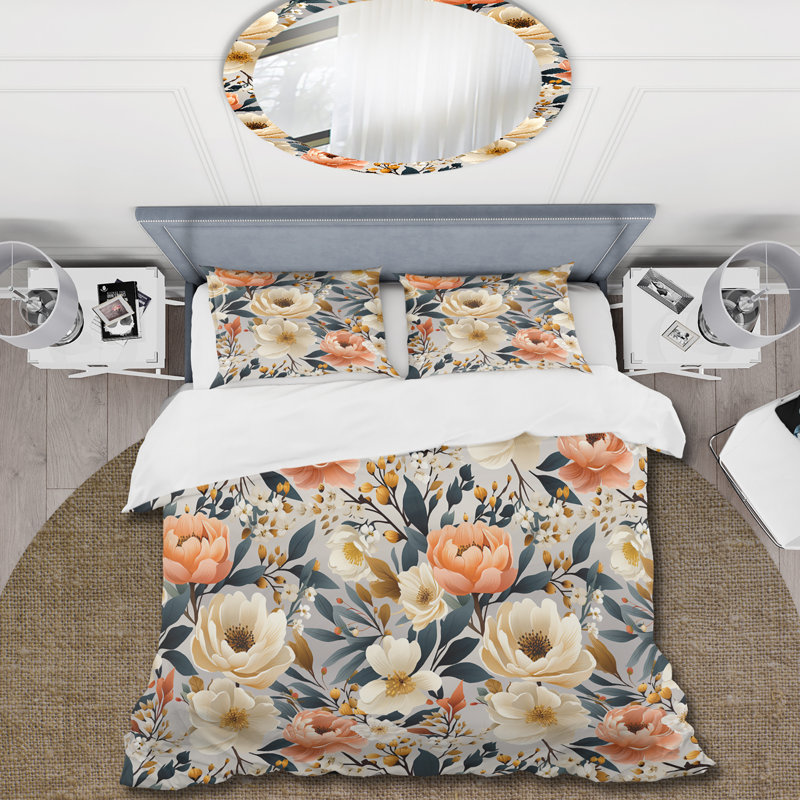 Ensemble de housse de couette à motif floral Coral Rustic Elegance, Housse de couette pour très grand lit et 2 très