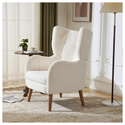 Chaise d'appoint rembourrée en tissu de peluche blanc avec pieds en bois de bouleau massif Mid-Century