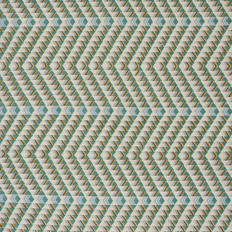 Schumacher x A Rum Fellow Amates Hand Woven Brocade Fabric, Blue/ Medium Blue/ Green