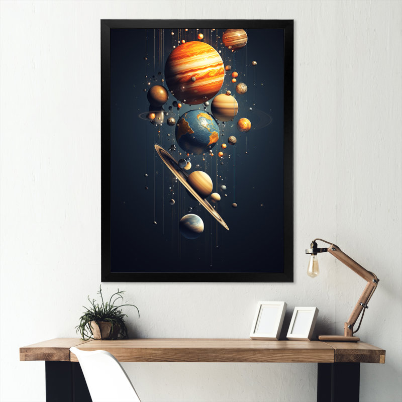 Art mural bleu et orange, planète Odyssey IV, H 32 po x l 16 po x P 1 po, Cadre flottant noir