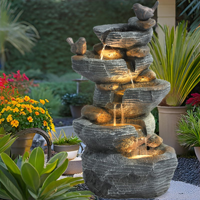 Bird Outdoor Water Fountain, 5 Tiered Waterfall Fountains with LED Lights, Garden Waterfalls Outside, Modern Cascading Rock Fountain for Garden, Yard, Patio, Home Decor