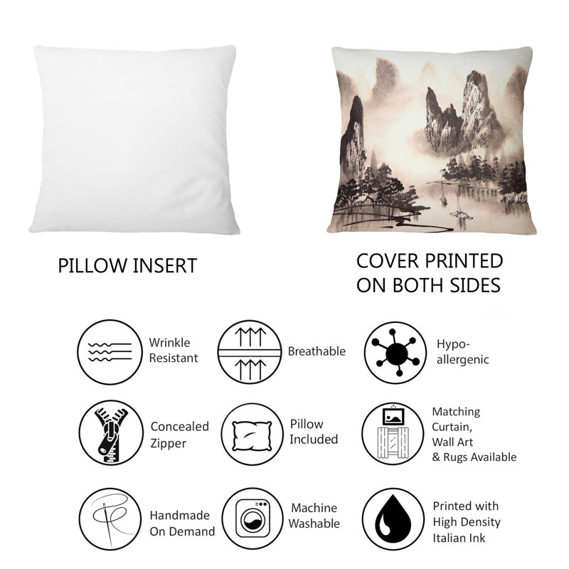 Coussin décoratif imprimé monochrome avec paysage chinois d'eau
