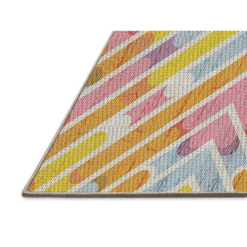 Chevron tissé à la machine en laine et polyester jaune/bleu/rose Tapis décoratif, Rectangle 5 pi x 7 pi