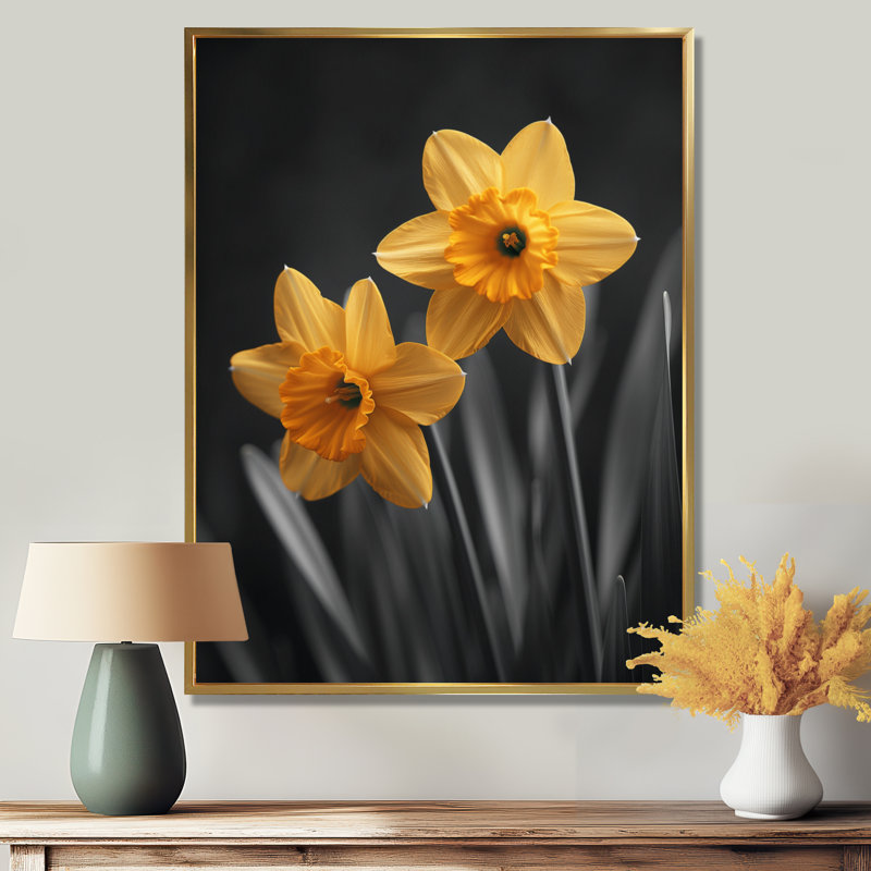 «Yellow Grey Garden Glamour Daffodils» - impression d'art mural jonquilles, White Picture Framed, H 12 po x l 20 po