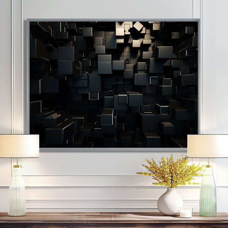 Dimensions du cube 3D en brique noire - Décoration murale géométrique abstraite, H 16 po x l 32 po x P 1 po