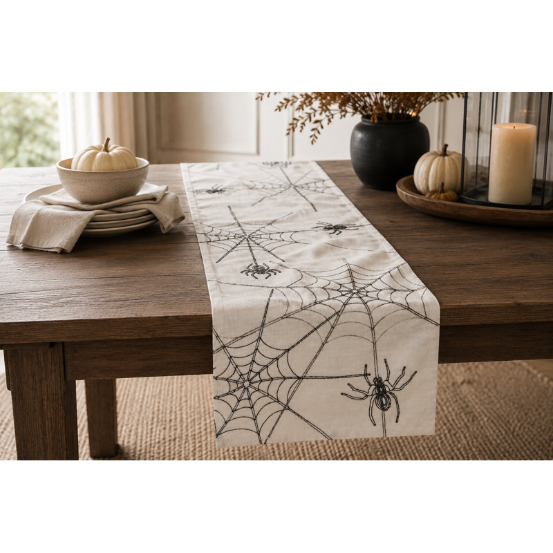 Cloutier Geometric Halloween Table Runner, White, 36" W x 16'' L  