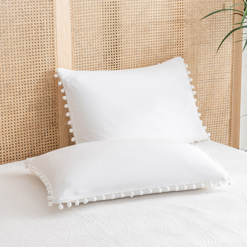 White Pillowcases, Pom Poms Fringe Pillowcases, Pure White Boho Chic Pillow Shams, Washed Microfiber 2 Pack Pillow Cover