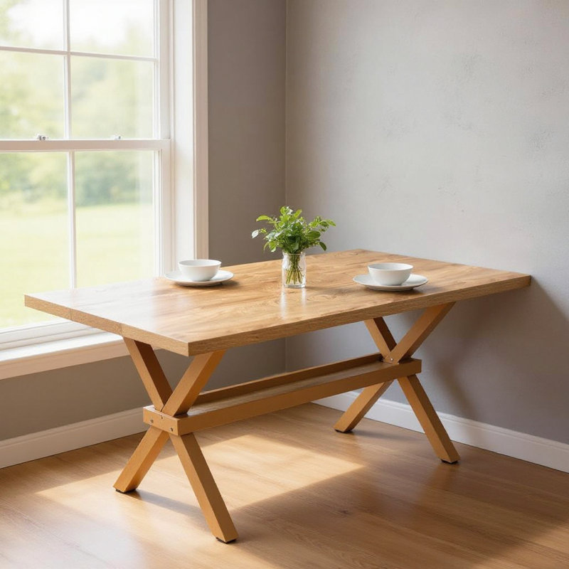 Élégante table de salle à manger avec surface en bois aggloméré et support en forme de X
