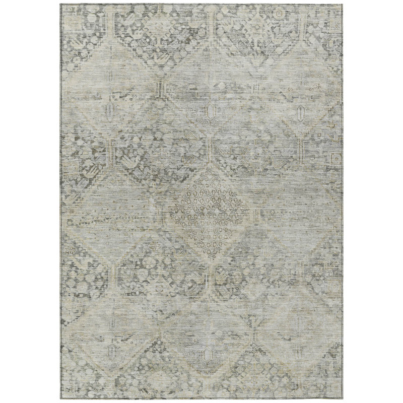 Machine Washable Indoor/Outdoor Xhevrie Pewter Rug, Rectangle 9' x 12'