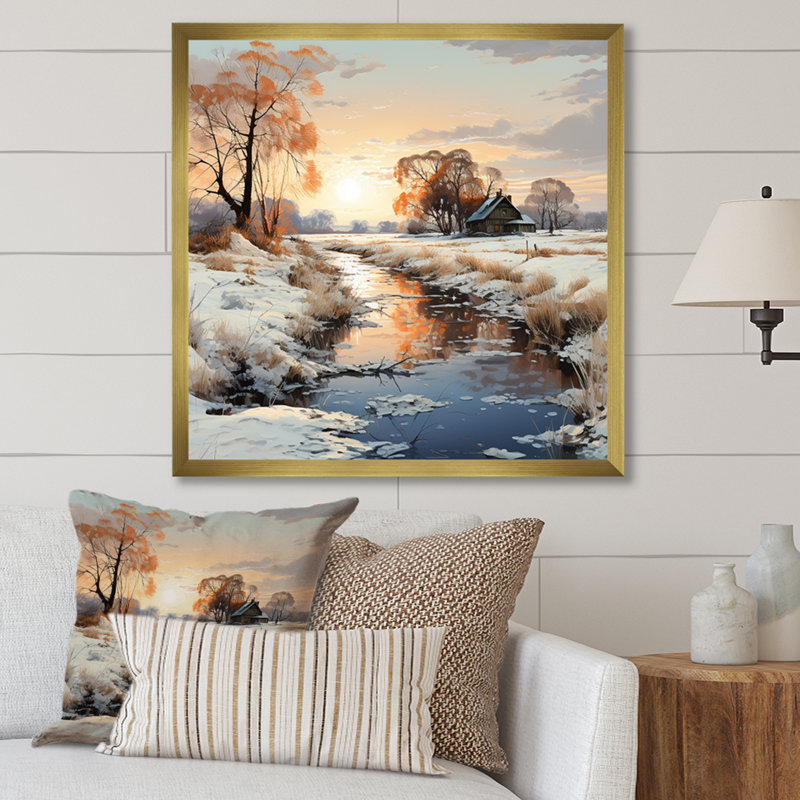Ferme et rivière, paysage d'hiver - reproduction, H 24 po x l 24 po x P 1 po, Cadre doré simple