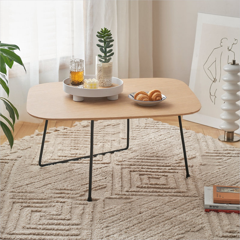 Table basse ronde avec plateau en bois et base en acier, compacte pour le salon ou la chambre à coucher