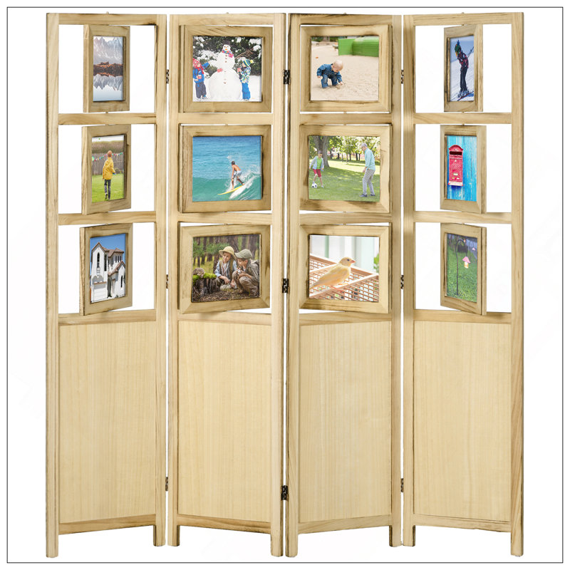 4 Panel Wood Room Divider With Photo Frames, Portable Folding Privacy Screen For Home And Office, Natural Finish