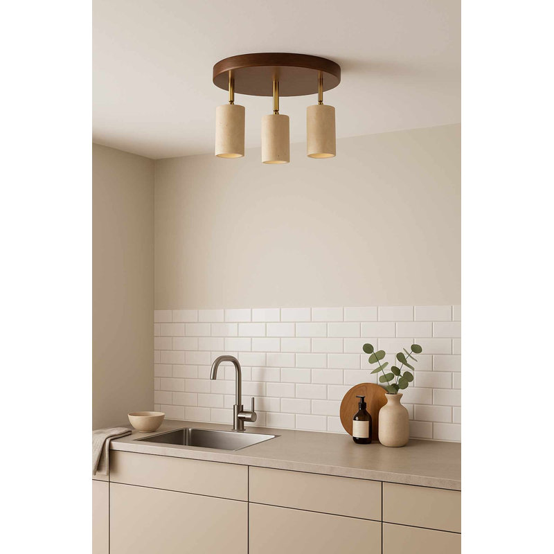 Lustre en bois élégant avec capuchon en travertin, finition beige et noyer, 8,3 po x 8,3 po x 8,3 po | 3 x douilles GU10 (10 W maximum), idéales pour le salon et la salle à manger | Solution d'éclairage élégante pour la maison, hauteur de 21,0 cm