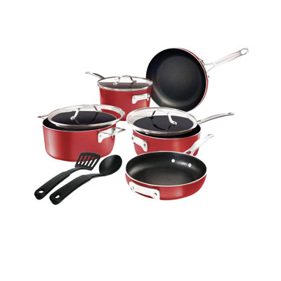 Gotham Steel Stackable Space Saving 10 Piece Aluminum Nonstick Cookware Set with Utensils