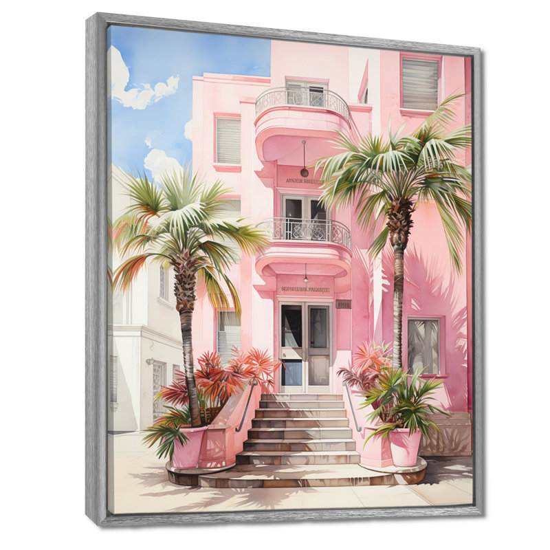 Zappha Pink Miami Artful Facades II - Miami, art mural, H 20 po x l 12 po x P 1 po, Encadrement argenté