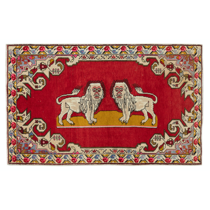 Tapis rouge 4,6 x 7,4 pi à motif de lion, tapisserie rouge, noué à la main en Turquie, 100% laine douce