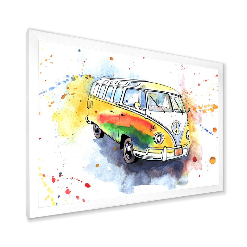 «Retro Grungy Hippy Bus», peinture sur toile, H 12 po x l 20 po x P 1 po, Cadre de coin blanc fermé