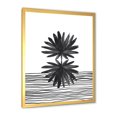 Feuille tropicale noire et blanche sur fond rayé II - peinture sur toile
