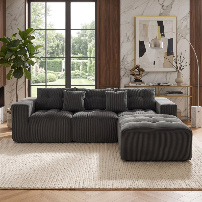 Canapé d'angle modulaire en velours côtelé de 257 cm avec pouf réversible, Noir