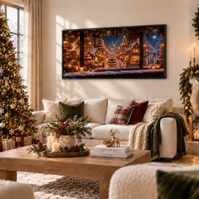 Gingerbread Village Street Scene With Snow And Christmas Canvas Wall Art