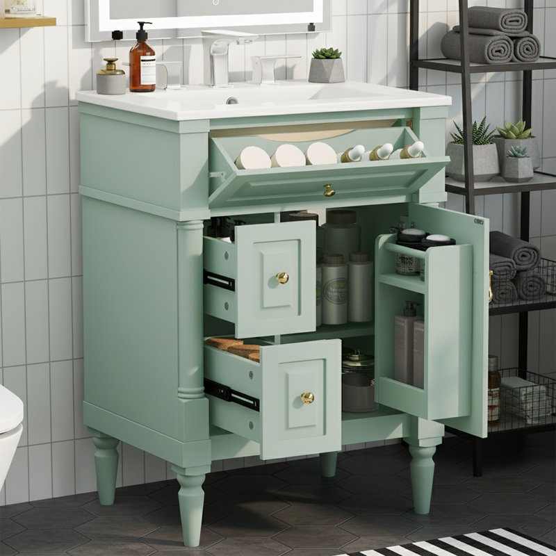  Meuble-lavabo autoportant de 24 po de largeur avec comptoir en céramique, structure en bois d'hévéa massif et tiroir rabattable