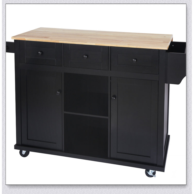 Kitchen Cart with Rubber wood Drop-Leaf Countertop, Cabinet door internal storage racks, Black