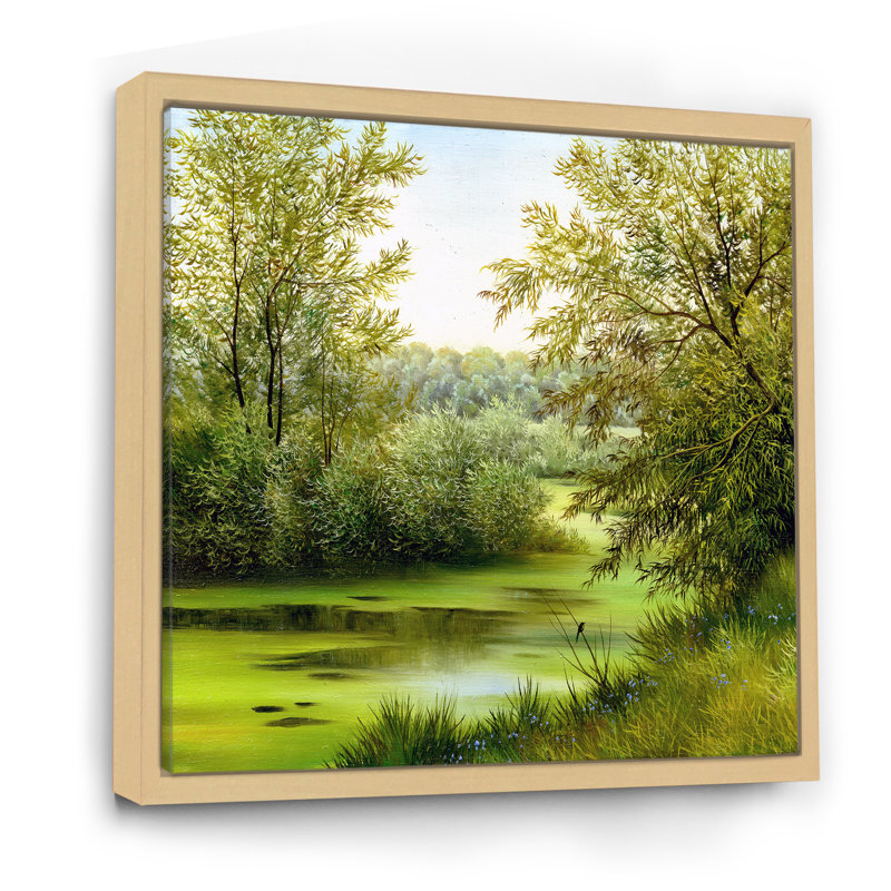 «Beautiful Summer River Through Trees Landscape», reproduction sur toile, Cadre flottant en érable