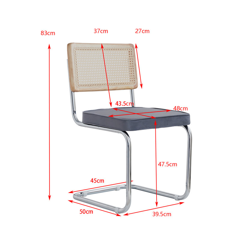 Chairs - Scandinavian Velvet Dining Chair - Rattan Back Chair - Metal Legs, 4, Grey