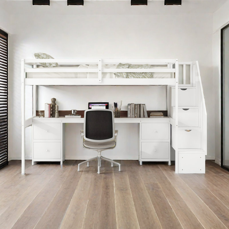 Structure de lit simple de taille mezzanine avec bureau intégré et tiroirs de rangement doubles, Blanc