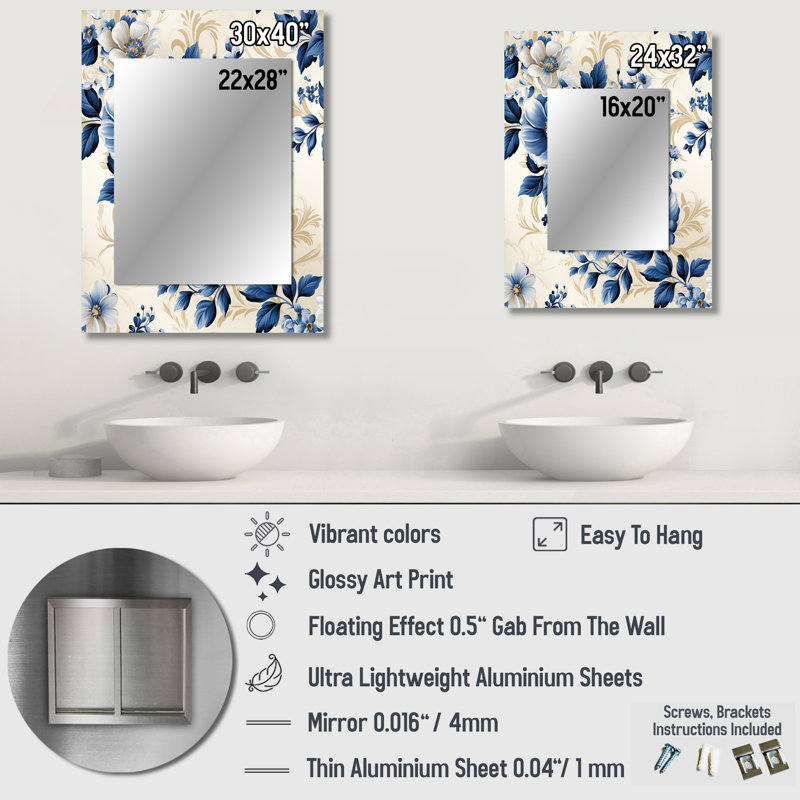 Motif de style victorien en treillis camée bleu de cobalt de Happy - miroir floral, miroir mural décoratif floral, impression d'art en métal