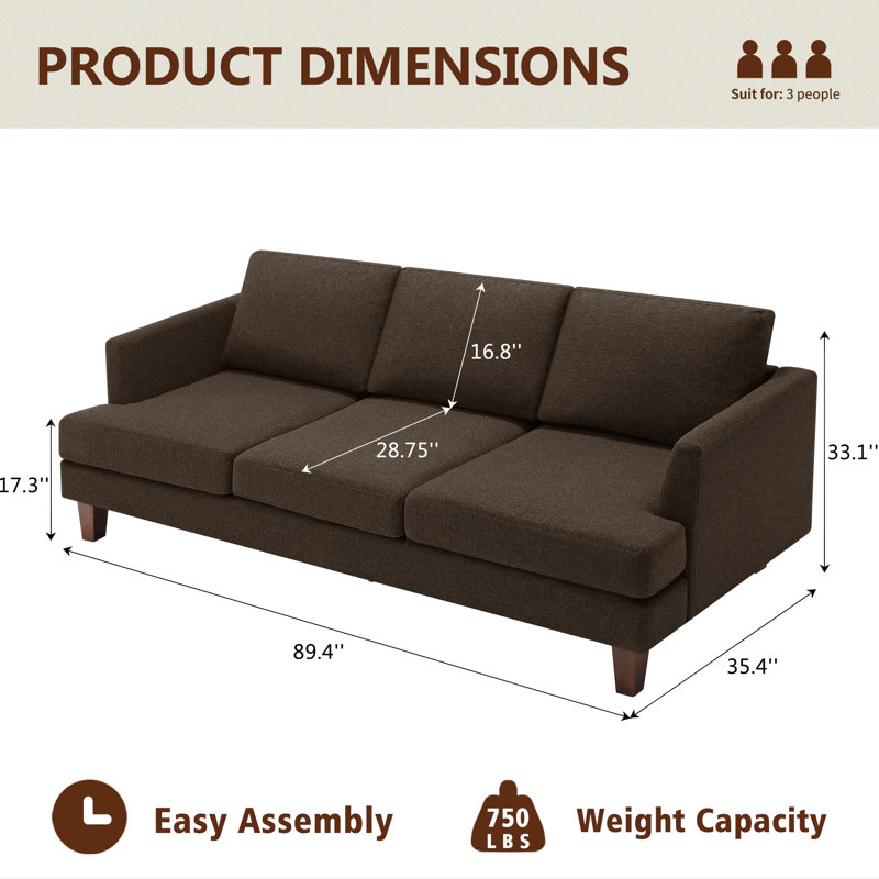 3 Seater Sofa 89" Upholstered Sofa Couch with Square Arm for Living Room, Brown