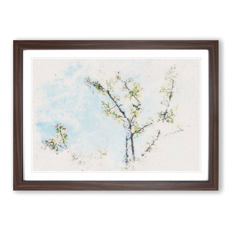 A White Cherry Blossom Tree Watercolour - Single Picture Frame Print on MDF, Walnut Framed, 36cm H x 48cm W x 2cm D