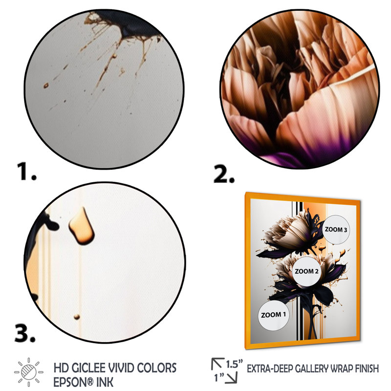 Fleur de dahlia orange sur fond abstrait I - Peinture sur toile, H 40 po x l 30 po x P 1,5 po
