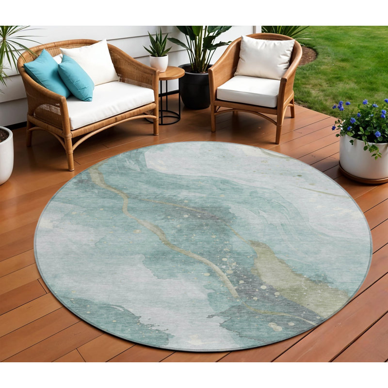 Tapis extérieur rond lavable abstrait bleu sarcelle et turquoise 8 pi
