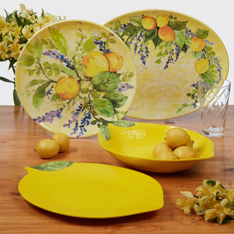 Yellow Lemon-Shaped Melamine Serving Platter and Bowl Set