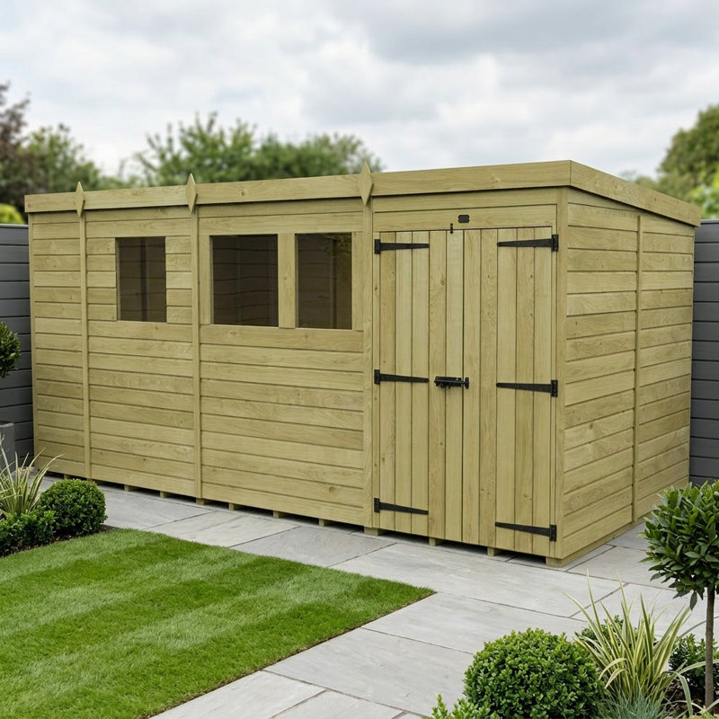Total Sheds 17ft x 7ft Pent Garden Shed - Double Door - With Windows - Pressure Treated Timber - UK Manufactured