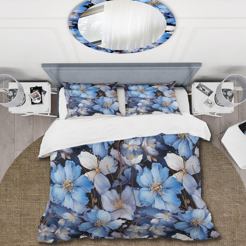 Ensemble de housse de couette Einoras Mystic Blue Blossoms, Housse de couette pour grand lit et 2 taies décor
