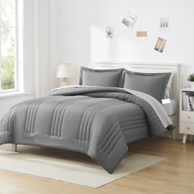 8 Piece Quilted Solid Stripe Comforter, Sheet Set And Mattress Protector Bedding Bundle, Queen